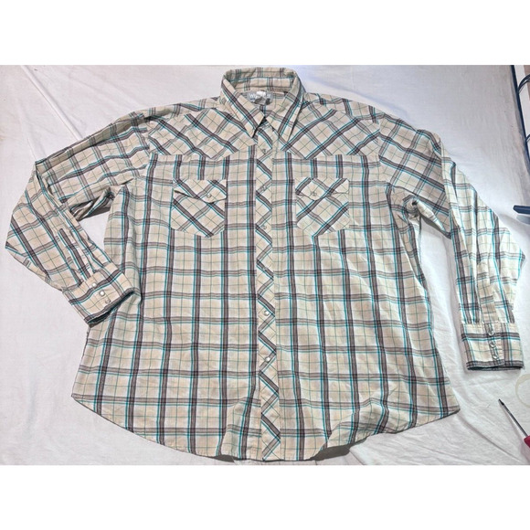 Wrangler Wrancher Pearl Snap Button Up Shirt Mens 2XL XXL Beige Brown Check - Picture 1 of 7